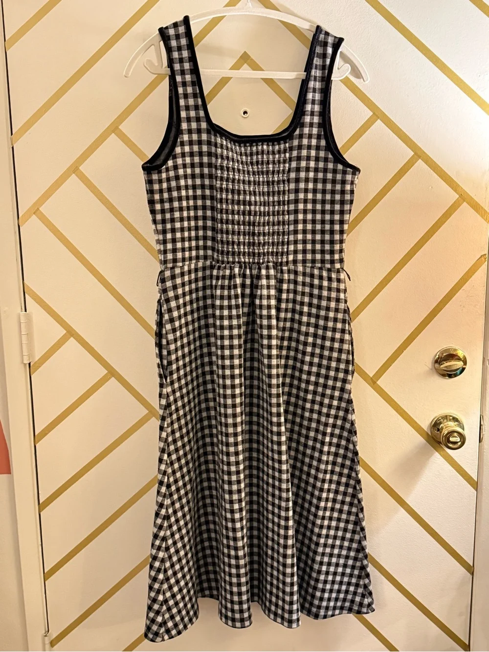 Draper James Black and White Gingham Sleeveless Smocked A-Line Mini Dress